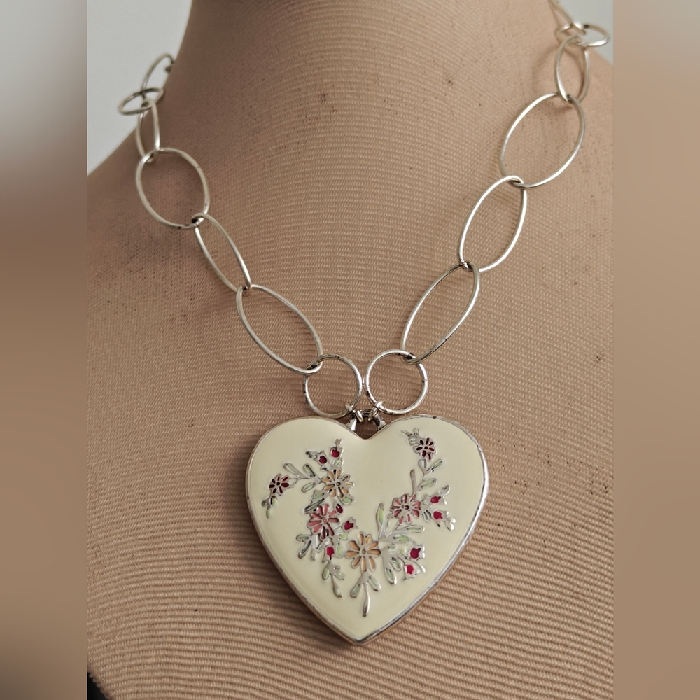 Danish Design Pilgrim Large Two Sided Heart Pendant Necklace Silver Tone - Picture 14 of 15